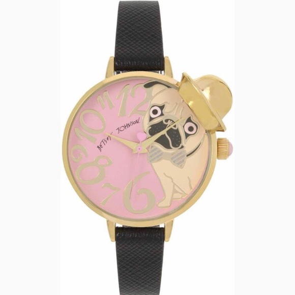 Betsey Johnson Pink Pug in a Hat Black Strap Watch - Picture 7 of 8